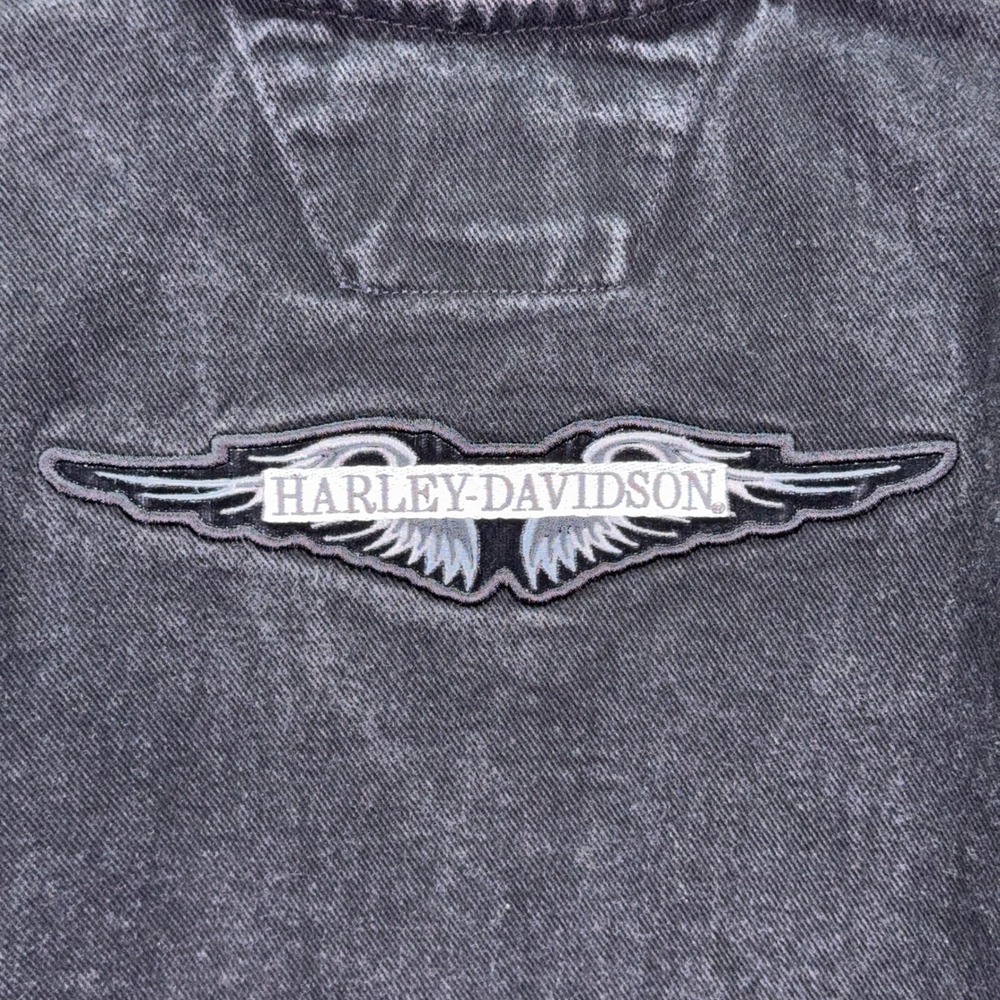 Harley-Davidson Jacket Womens L Faded Black Denim Zip Biker Winged Logo Rugged - Picture 5 of 9